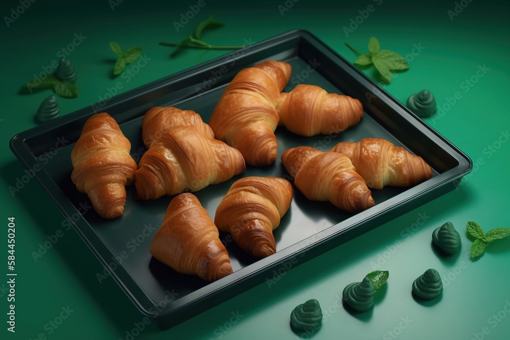  a tray of croissants on a green surface with leaves around it and a few green leaves on the side of