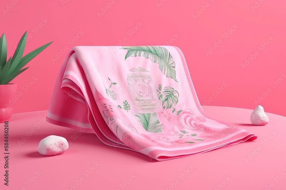  a pink towel and a potted plant on a pink table with a pink background and a pink wall with a pink 