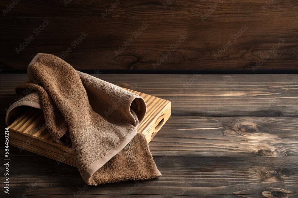  a wooden box with a cloth on it on a wooden surface with a wood background and a wood grained surfa