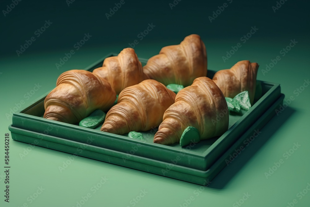  a green tray filled with croissants on top of a green tablecloth covered in plastic wrappers on top