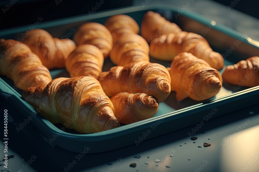  a tray filled with croissants sitting on top of a counter next to a pan of other croissants on top 