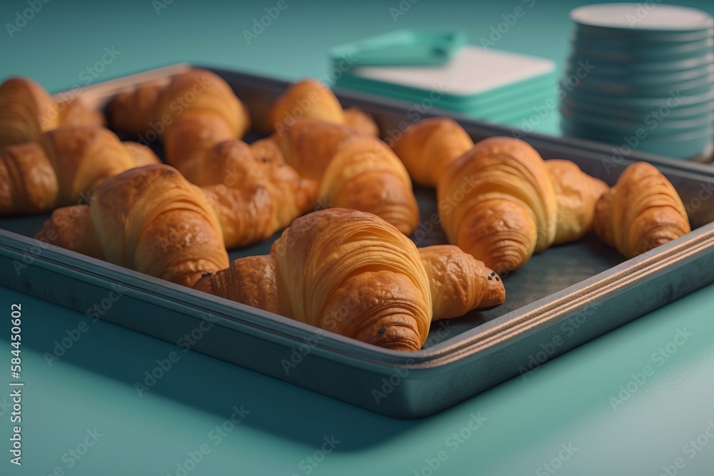  a tray of croissants sitting on top of a table next to stacks of stacks of plates and a stack of st