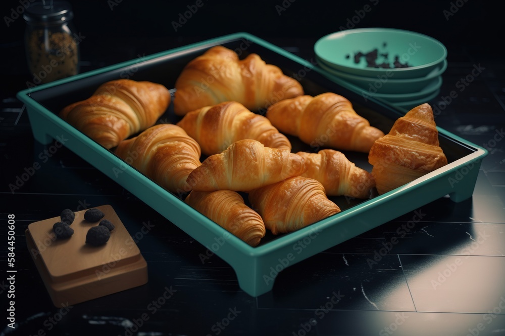  a tray of croissants sitting on a table next to a bowl of chocolate chips and a bowl of salt and pe