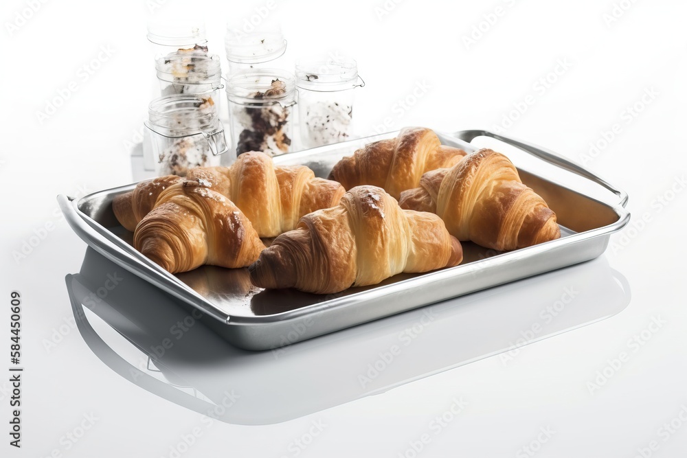  a metal tray filled with croissants next to a glass of water and a bottle of wine on a white tablec