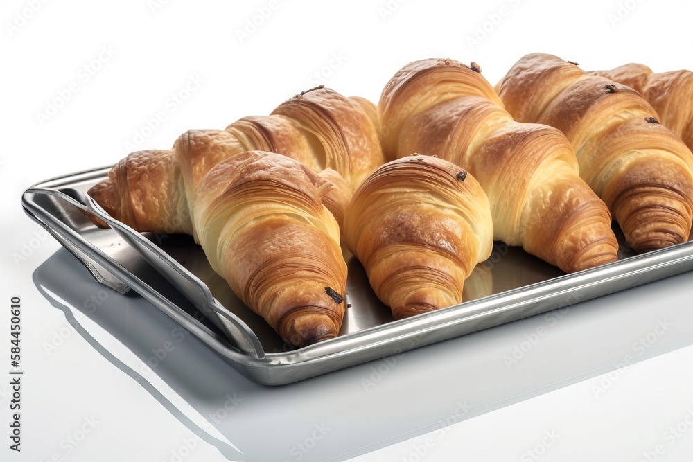  a metal tray filled with croissants on top of a white tablecloth with a silver serving spoon on it 