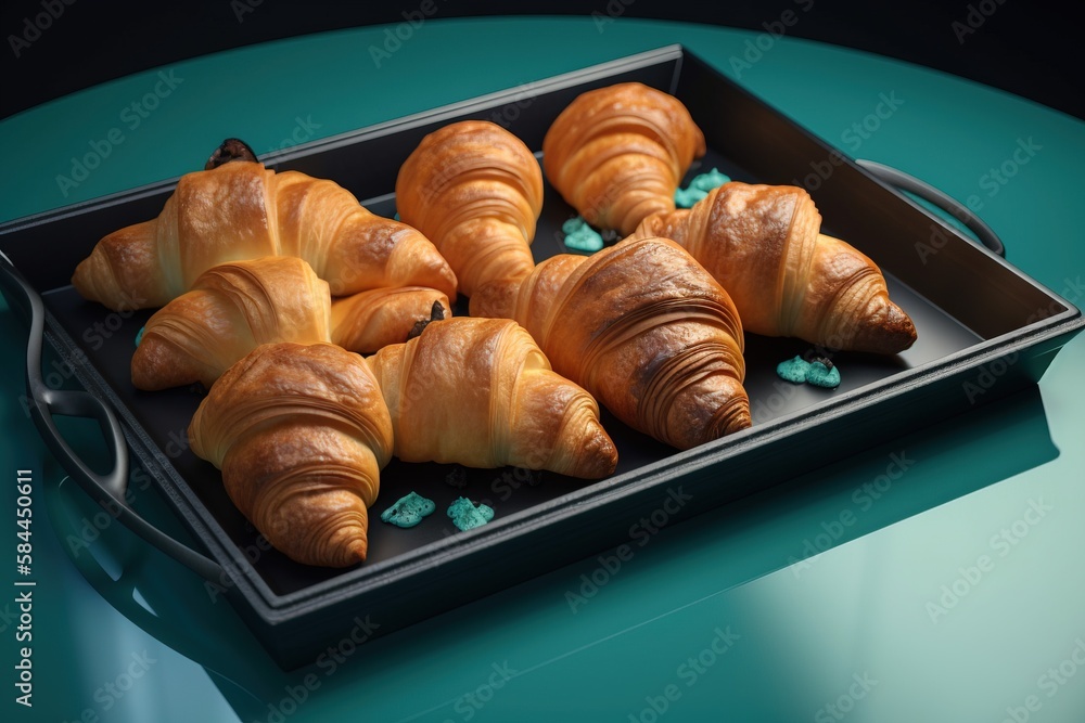  a tray of croissants on a table with blue candies in it and a green table cloth on the side of the 