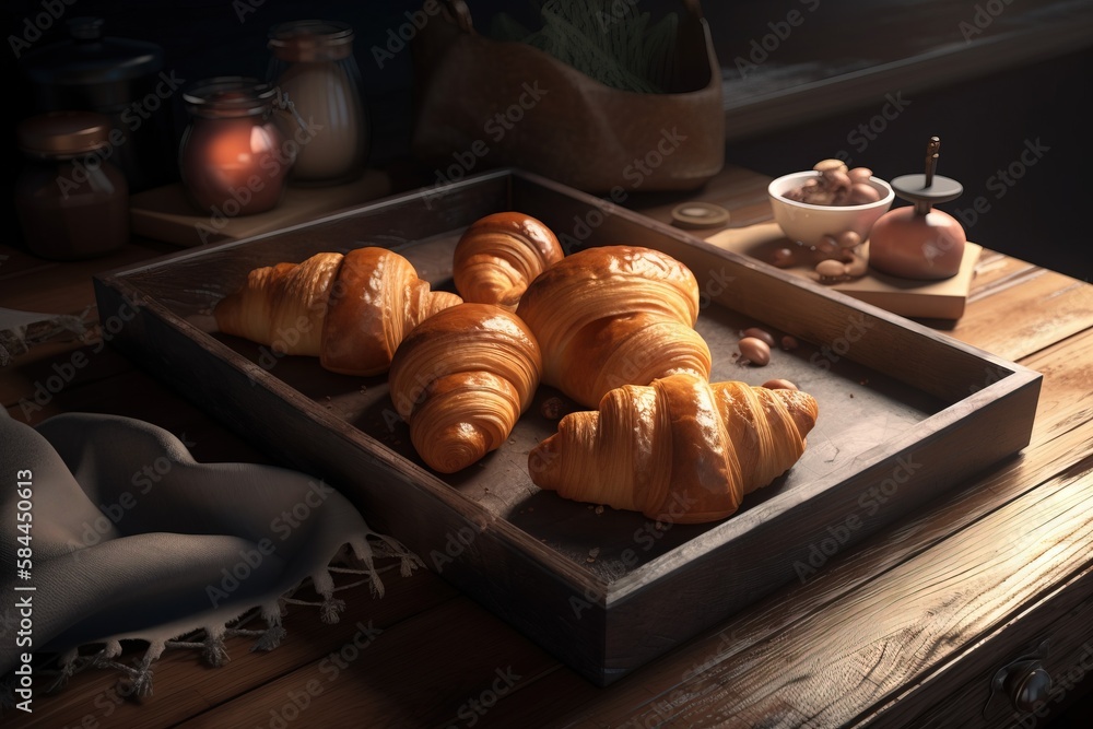  a tray of croissants sitting on top of a wooden table next to a bowl of nuts and a bowl of mushroom