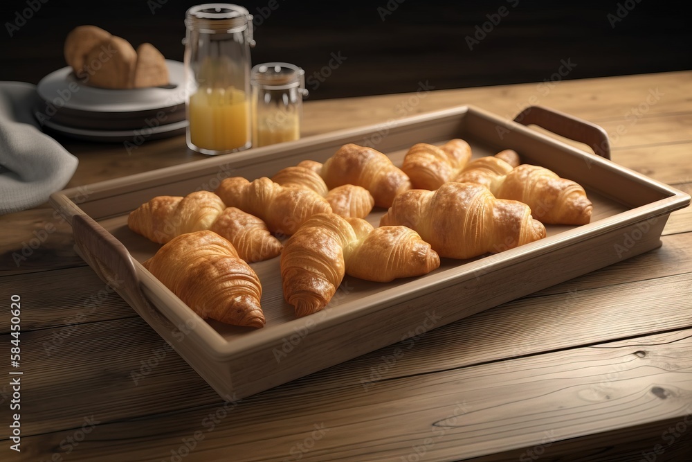  a tray of croissants on a table with a glass of orange juice and a jar of orange juice on the side 