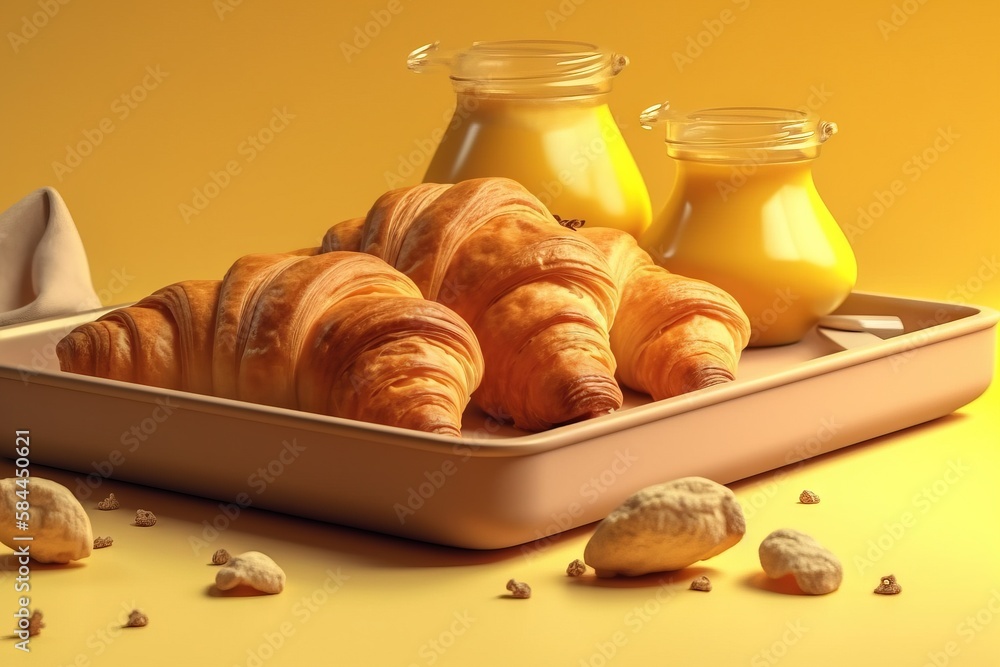  a tray of croissants and a jar of orange juice on a yellow background with shells and sea shells on