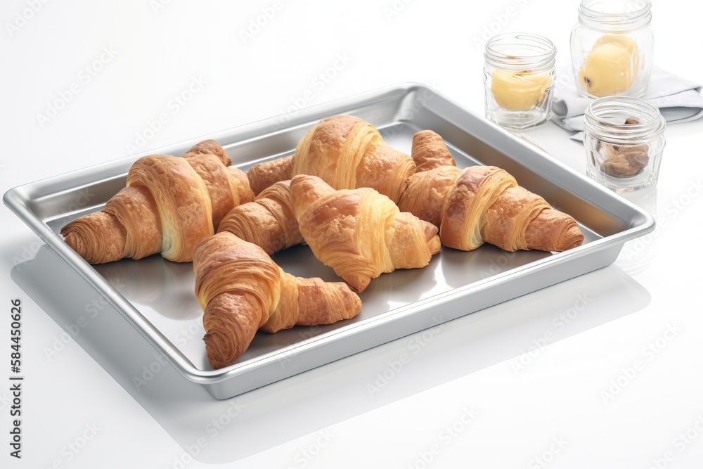  a tray of croissants sitting on a table next to a jar of lemonade and a glass of orange juice on a 