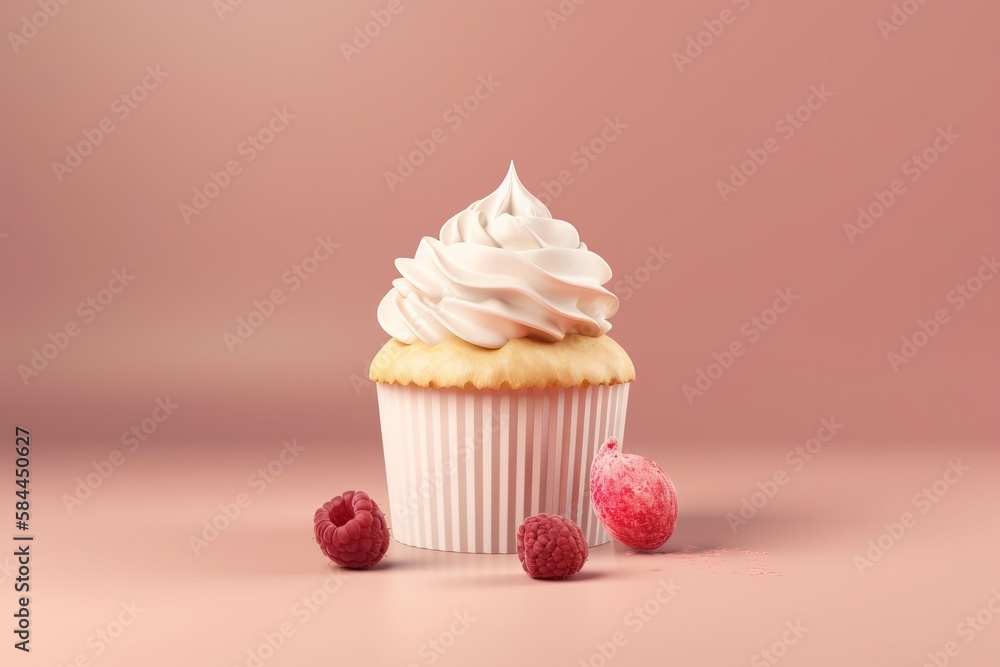  a cupcake with white frosting and raspberries on a pink surface with a pink background and a pink b