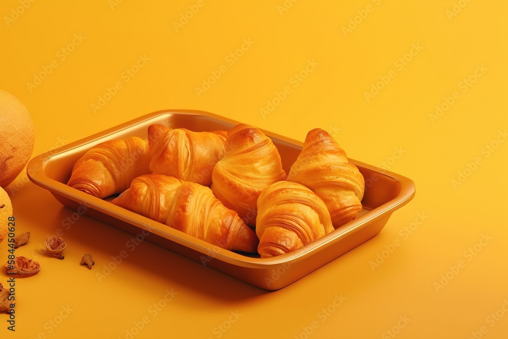  a plate of croissants next to a peeled orange on a yellow background with a half peeled orange on t