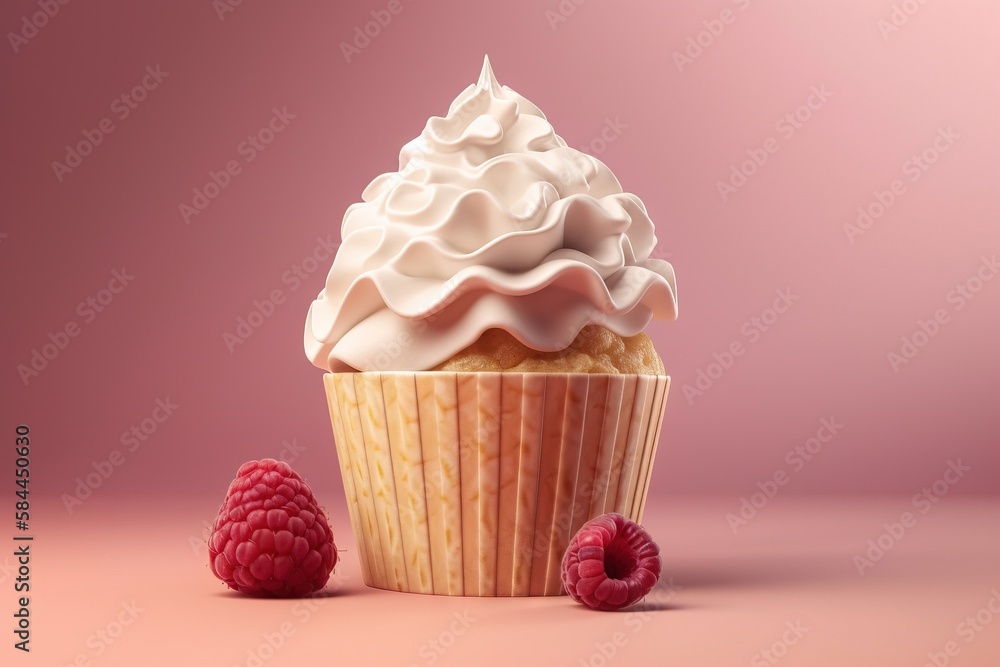  a cupcake with whipped cream and raspberries on a pink background with a pink backdrop and a pink b