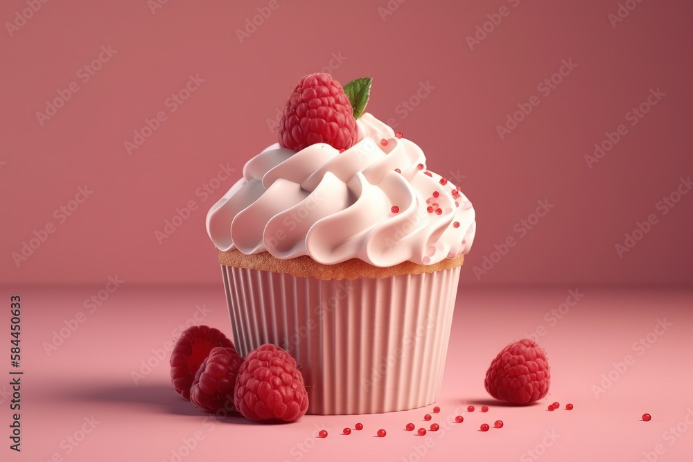  a cupcake with whipped cream and raspberries on a pink surface with a pink background and a few ras