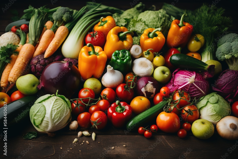  a large pile of vegetables sitting on top of a wooden table next to a pile of broccoli and other fr