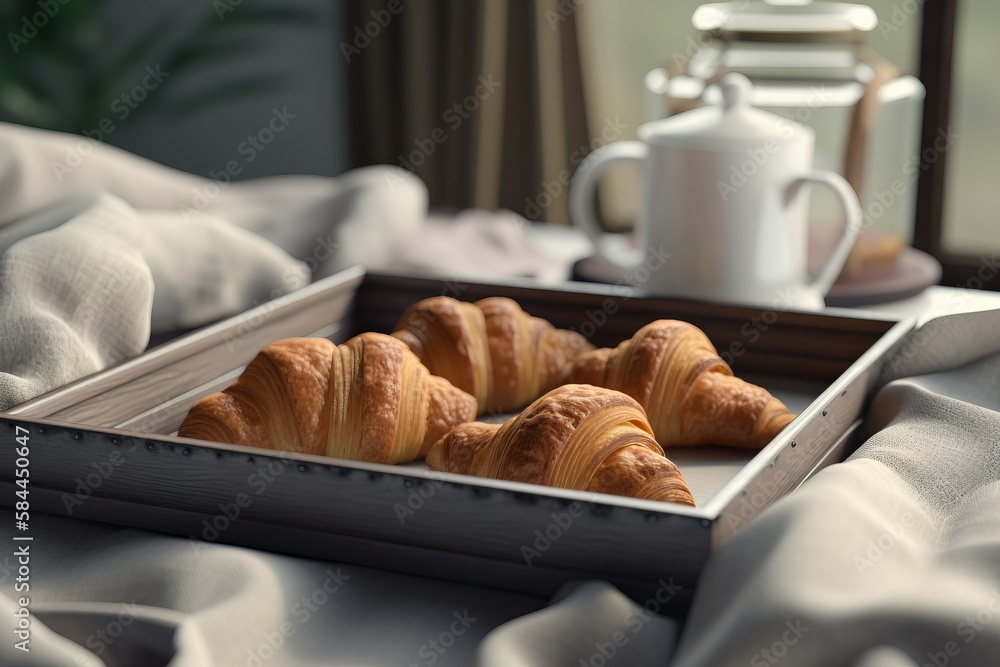  a tray of croissants on a bed with a cup of coffee and a teapot on the side of the bed in the backg