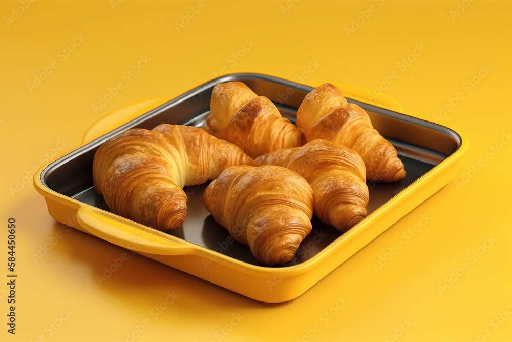  a tray of croissants sitting on a yellow table top with a yellow background and a yellow background