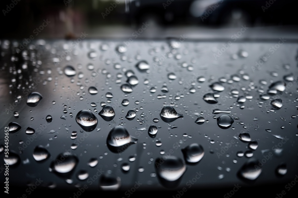  a close up of water droplets on a black surface with a car in the distance in the distance in the d