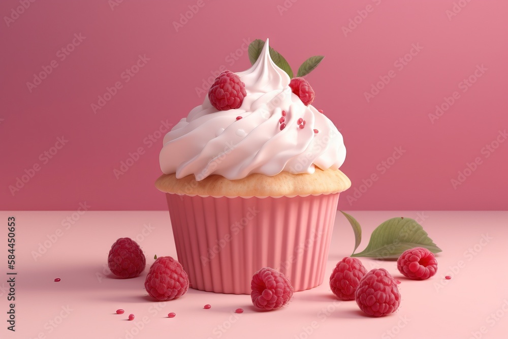  a cupcake with whipped cream and raspberries on a pink surface with leaves and berries around it on