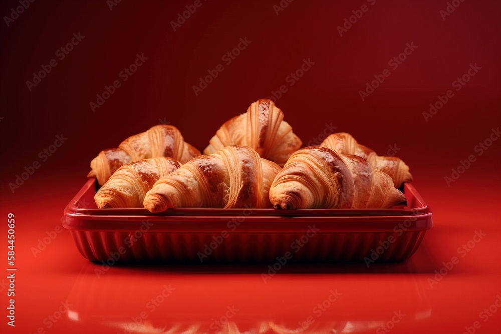  a red tray filled with croissants on a red surface with a red background and a red background behin