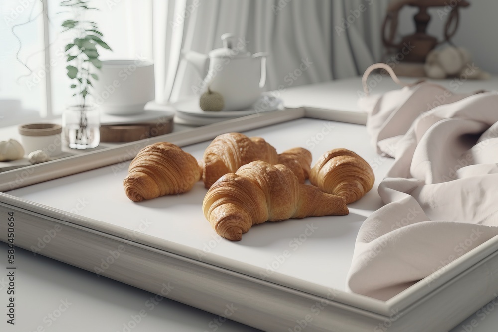  a tray with croissants and a cup of tea on it and a vase with a plant in the background on a table.