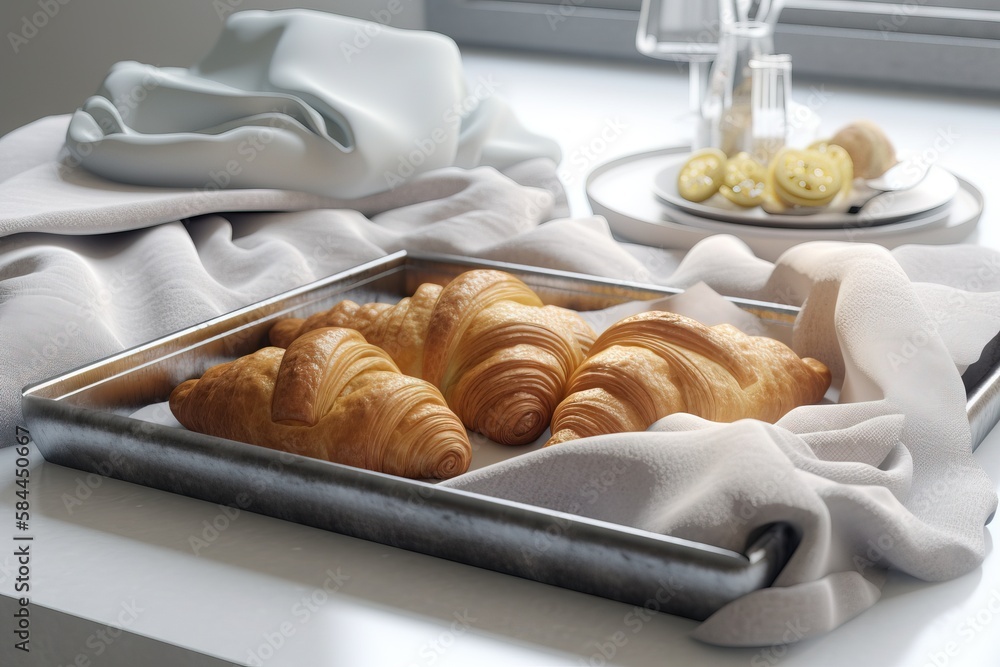  a tray of croissants and a plate of lemons on a table with a white cloth and a plate of lemons.  ge