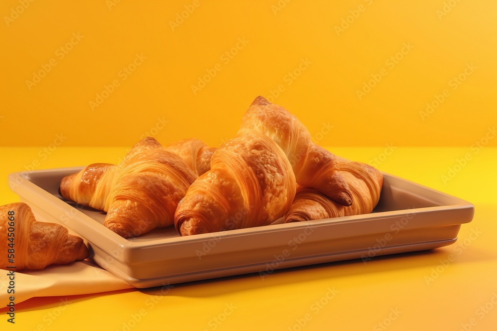  a plate of croissants sitting on a yellow tablecloth on a yellow surface with a yellow background a