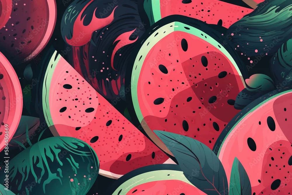  a bunch of watermelon slices with green leaves on top of them, all in a pattern, on a black backgro