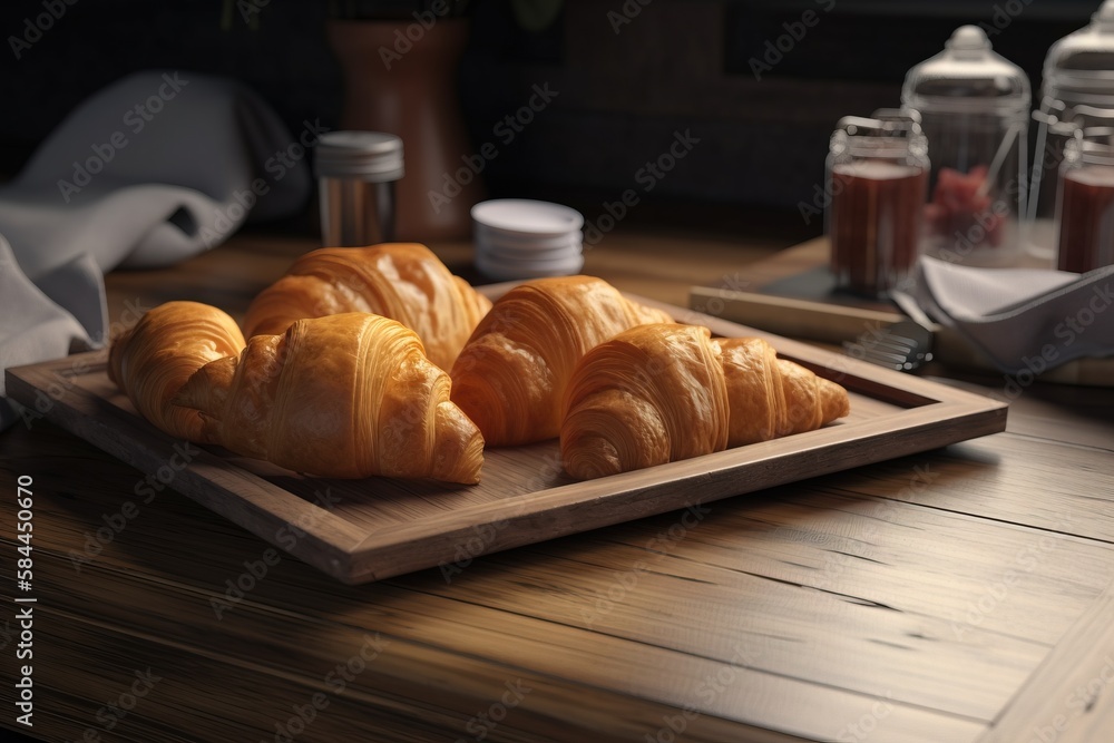  croissants on a wooden cutting board on a wooden table with jars of jam and a napkin on the table n