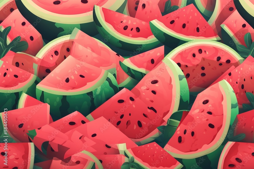  a bunch of watermelon slices are shown in this image with a green border and a pink background with