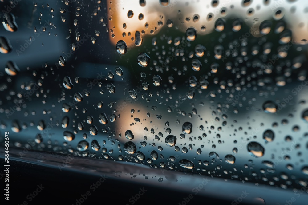  rain drops on the window of a car in the city at night, with a blurry background of buildings and a