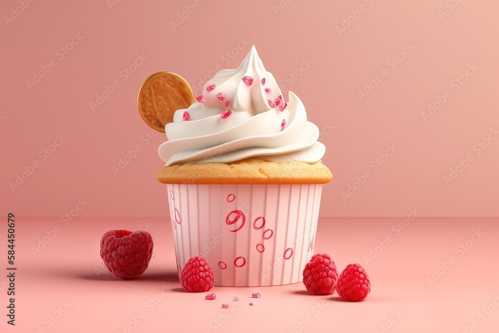  a cupcake with whipped cream and raspberries on a pink background with a cookie in the middle of th