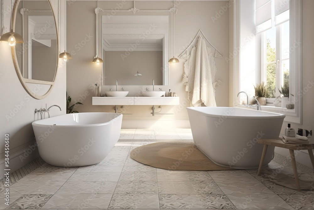  a bathroom with a large bathtub and a large mirror on the wall above the tub and a stool in front o