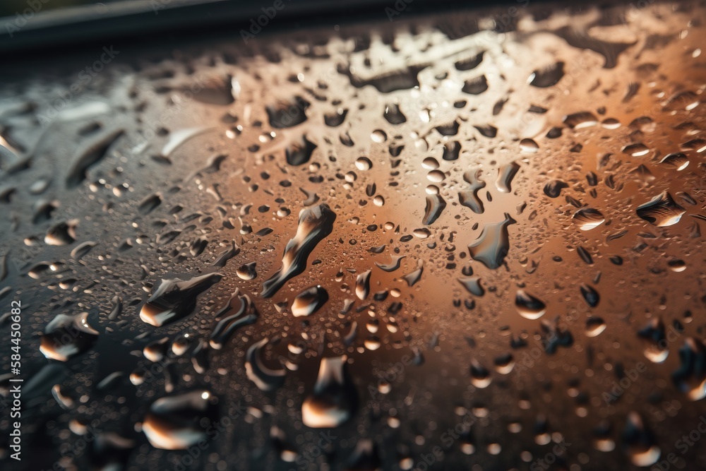  a close up of rain drops on a car window with a brown background and a black frame with a red light