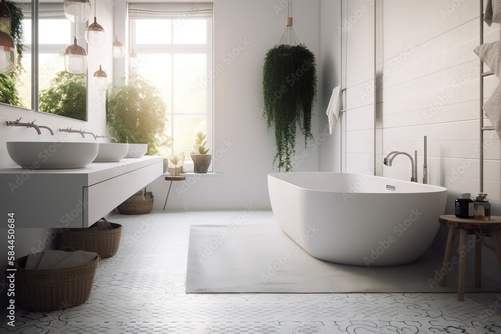  a bathroom with a large white bathtub next to a sink and a window with potted plants in it and a ru