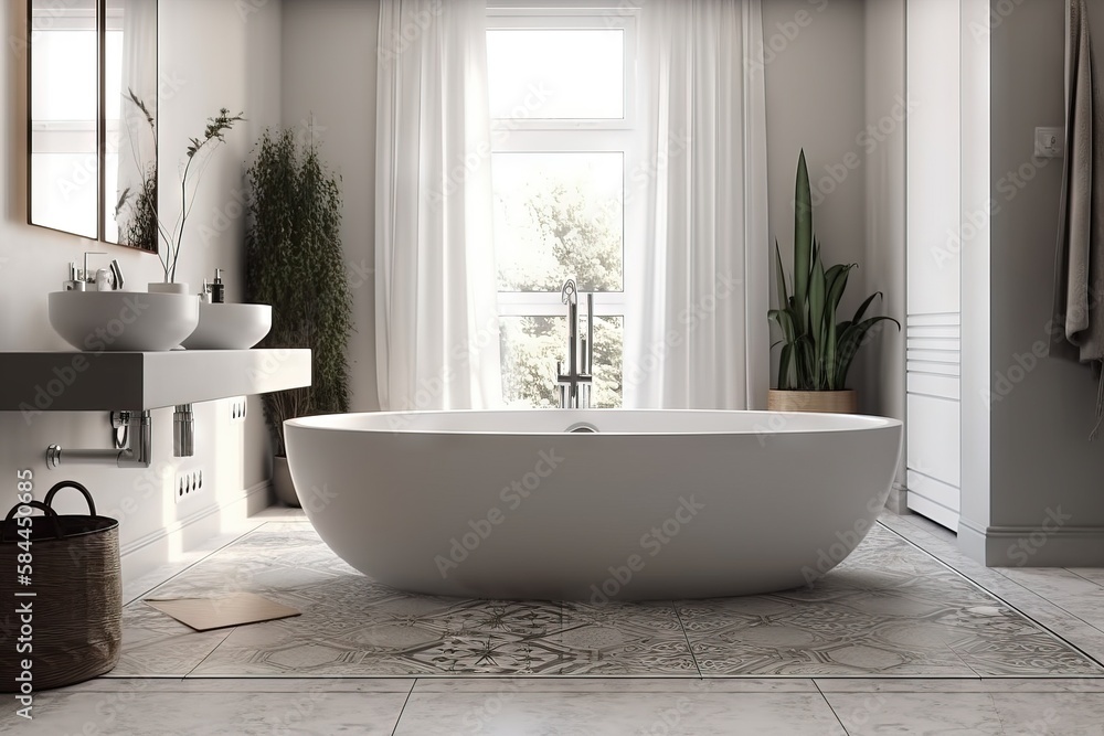  a large white bath tub sitting in a bathroom next to a sink and a window with a potted plant on it