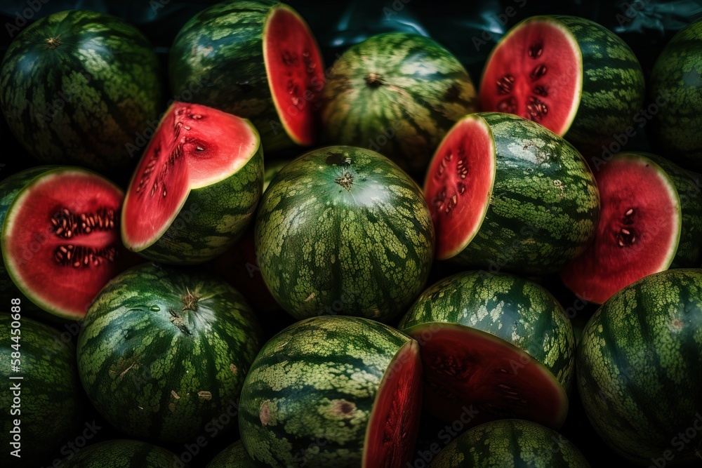  a pile of watermelon cut in half and placed on top of each other in a pile with other watermelons i