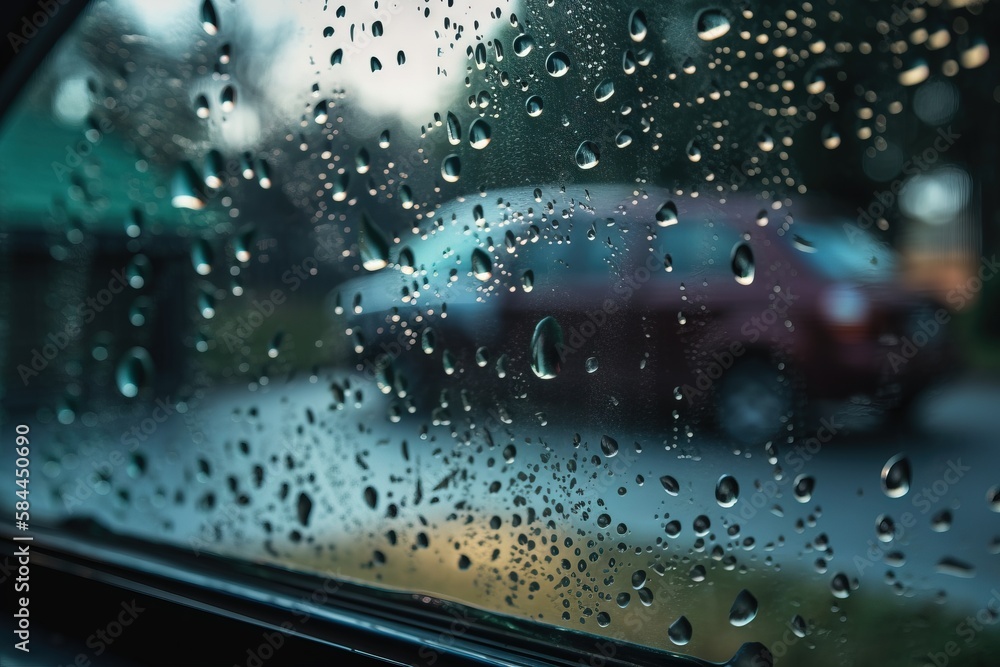  rain drops on a window with a red car in the background and a red car in the foreground with a gree