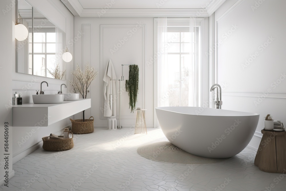  a bathroom with a large white bathtub next to a sink and a mirror on the wall and a large mirror on