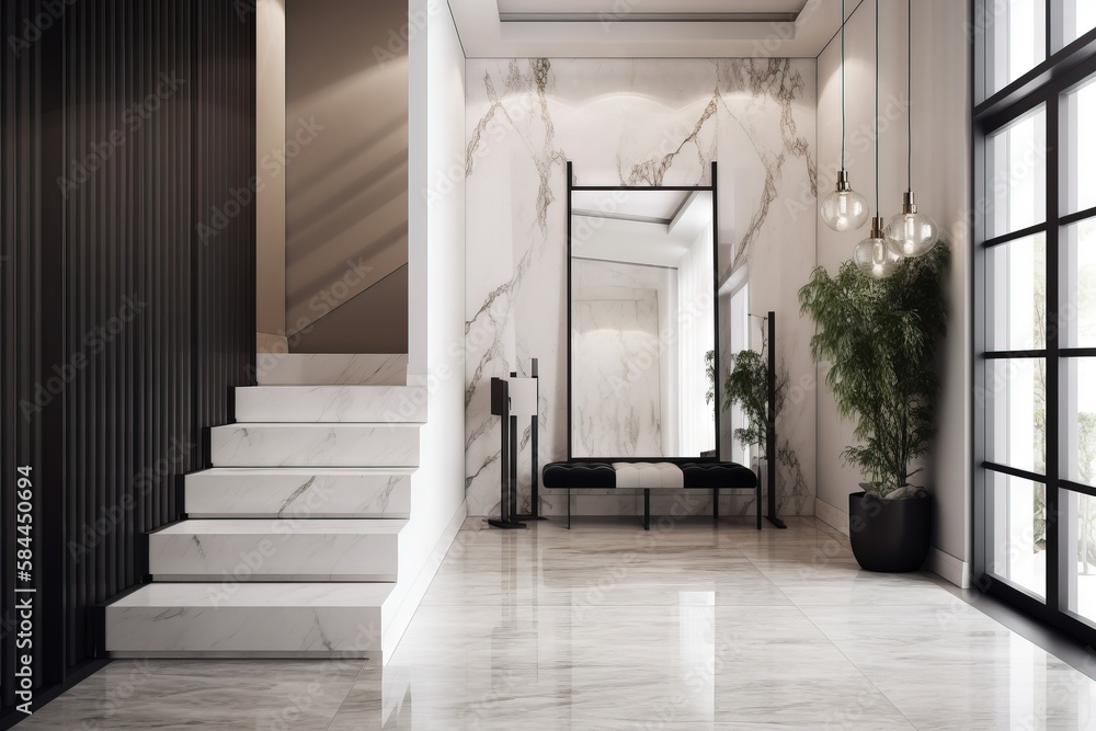  a hallway with a marble floor and a staircase leading up to the second floor of a house with a larg