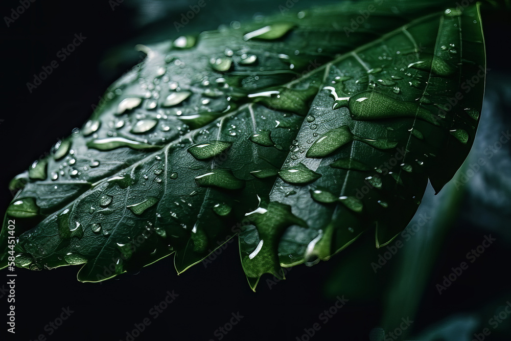 Rain drop on green leaf. Illustration AI Generative