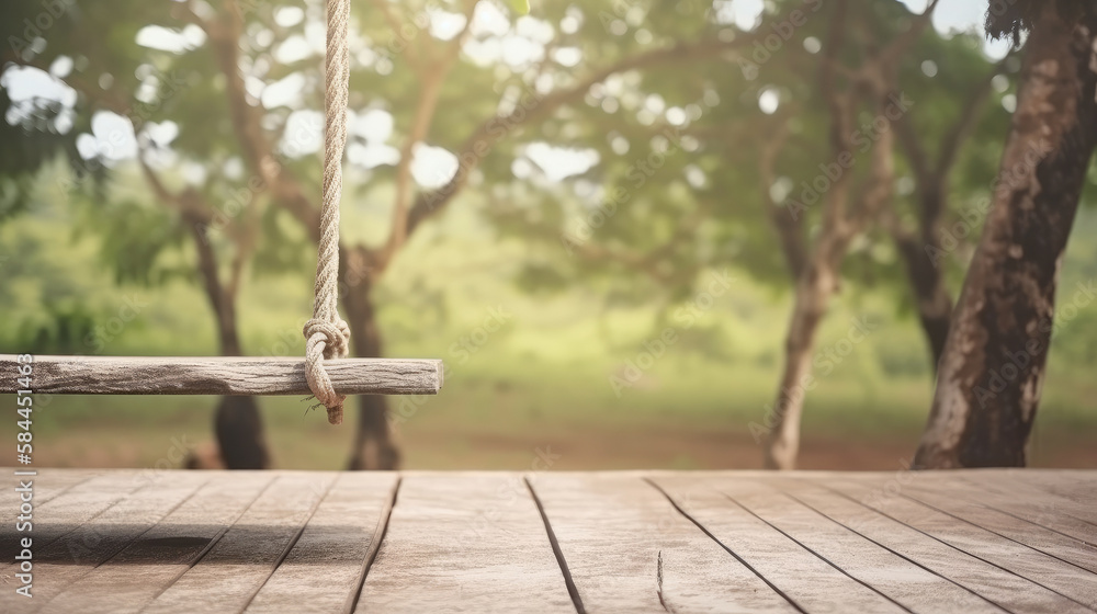 Wooden terrace with wicker swing hang. Illustration AI Generative.