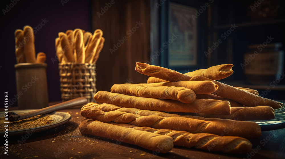 Golden bread sticks baked in rustic kitchen Illustration AI Generative.