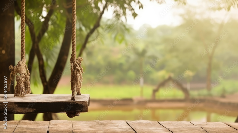 Wooden terrace with wicker swing hang. Illustration AI Generative.