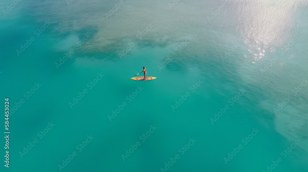 Girl surf in blue water. Illustration AI Generative