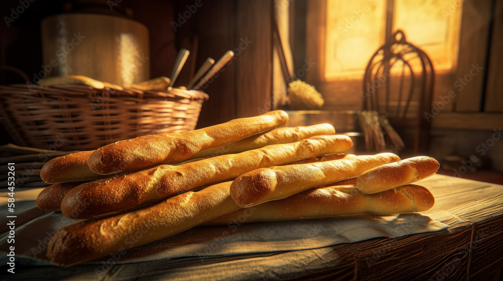 Golden bread sticks baked in rustic kitchen Illustration AI Generative.