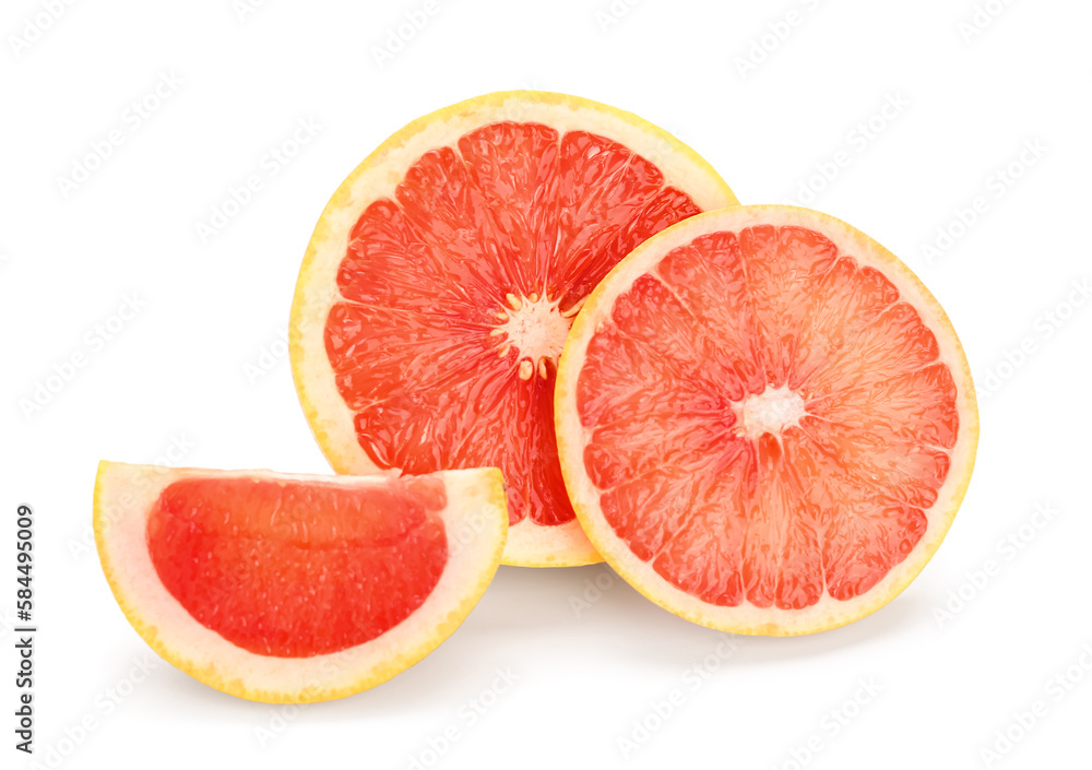 Slices of ripe grapefruit on white background