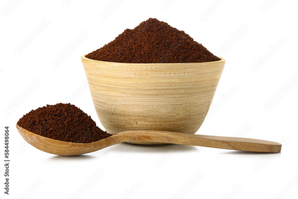 Wooden bowl and spoon of coffee powder isolated on white background