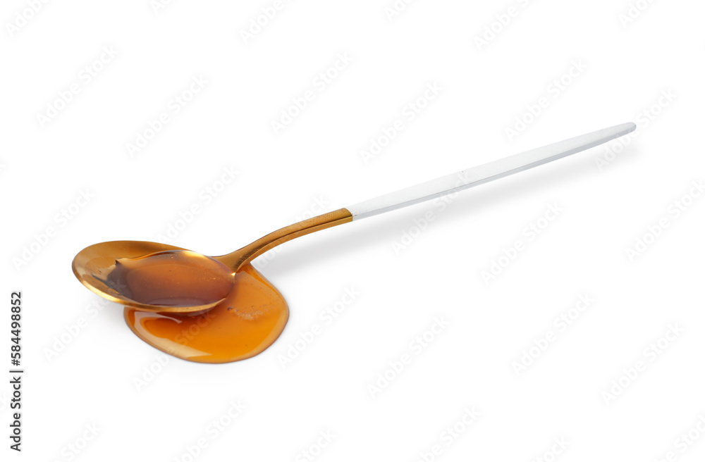 Spoon of tasty maple syrup on white background