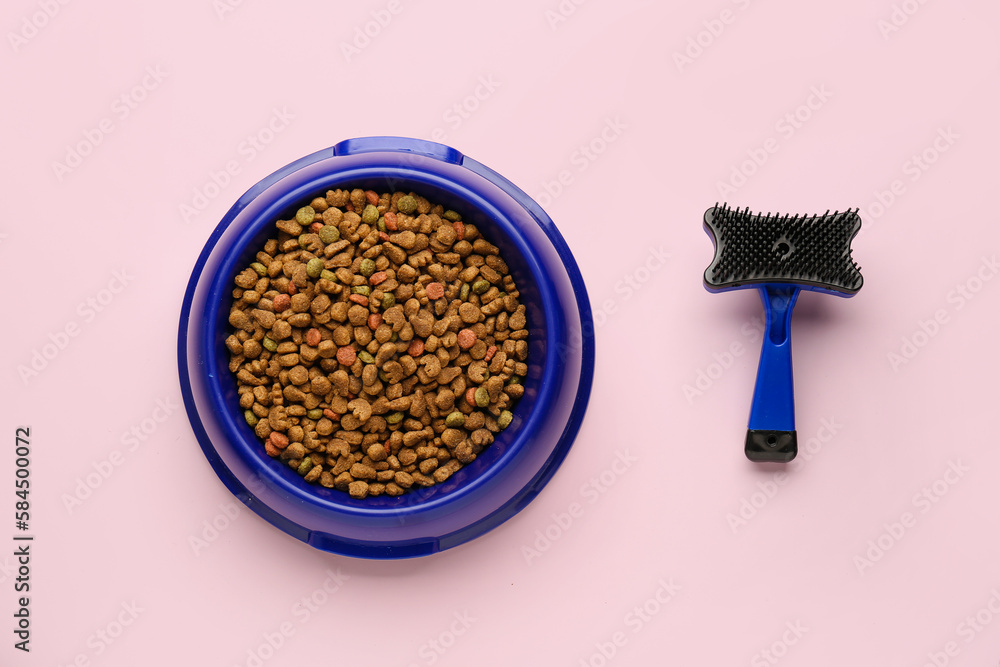 Bowl of dry pet food and grooming brush on color background